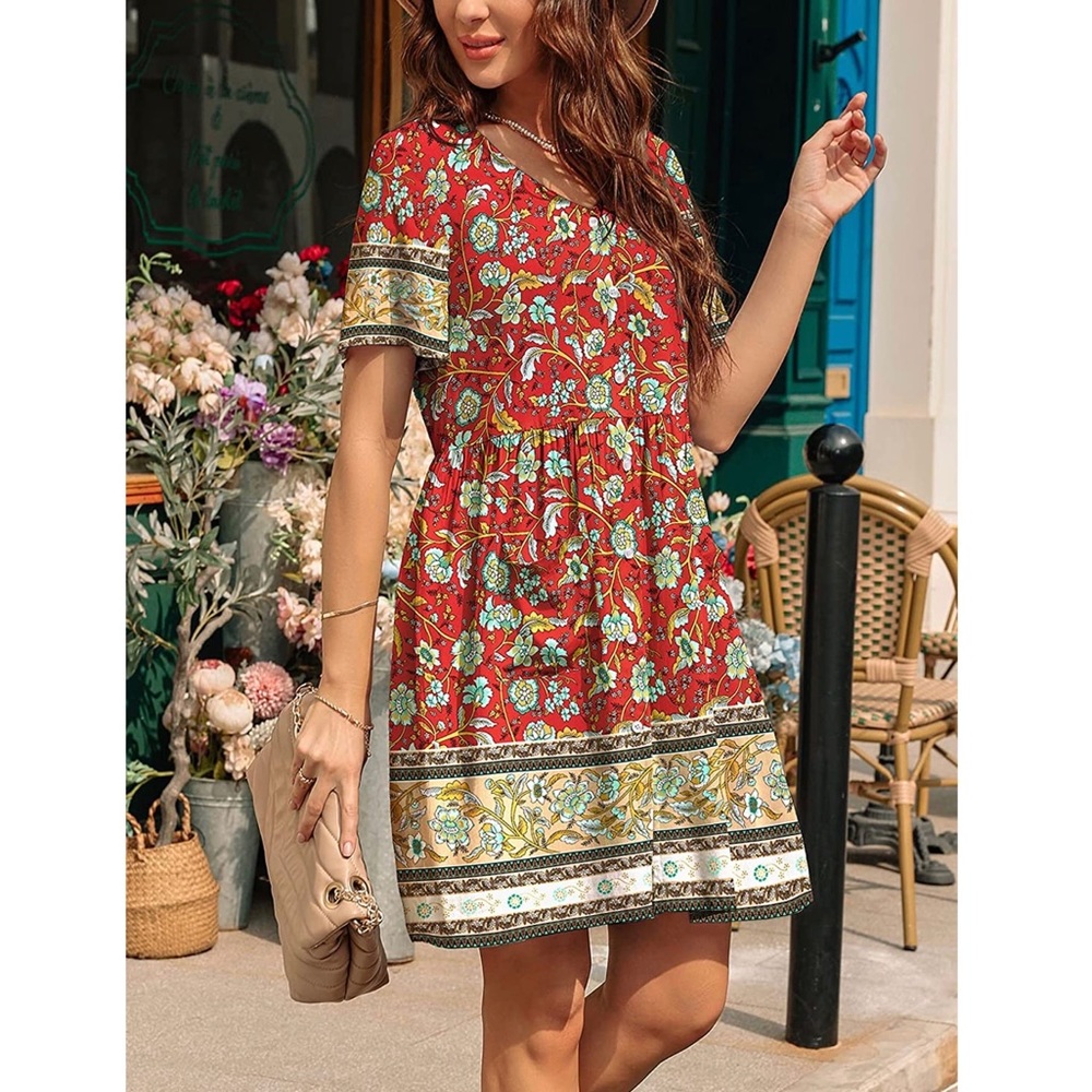 Floral Button Down V-Neck Short Sleeve Mini Dress NWT Medium Crimson Red Combo - Picture 4 of 13